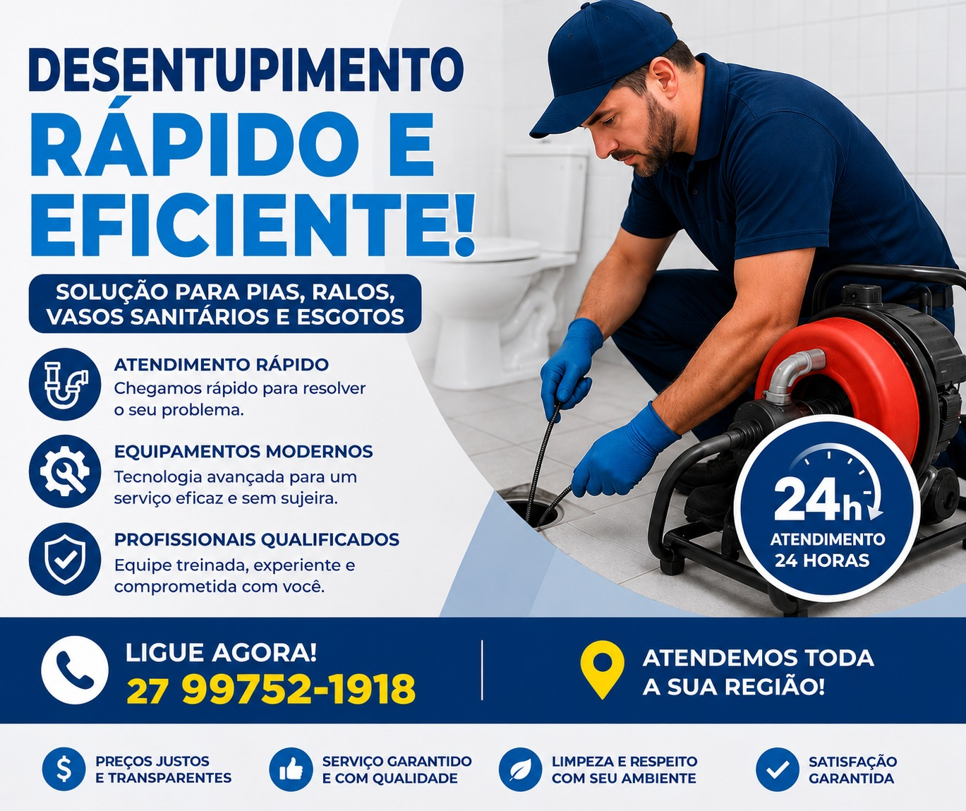 Desentupimento rápido e eficiente — Solução para pias, ralos, vasos sanitários e esgotos. Atendimento 24 horas.